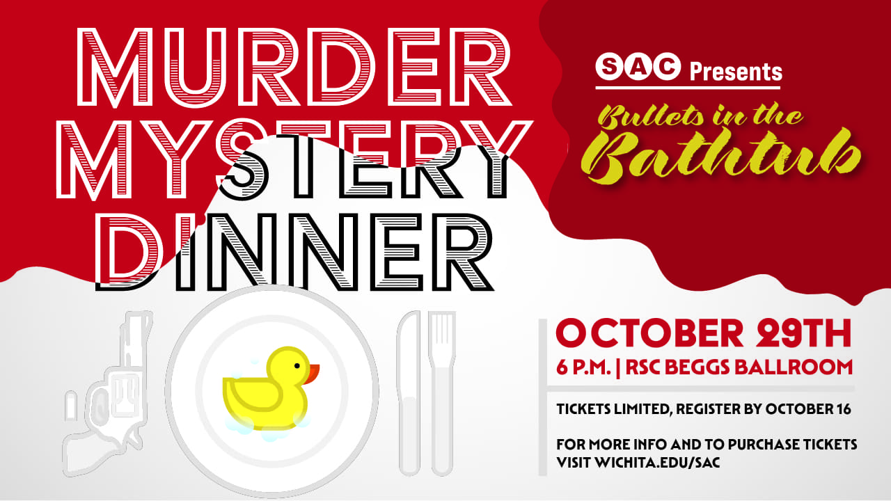 Image of gun and rubber ducky on a plate with text Rewind to the 1920's with SAC while enjoying a three course dinner and solving a murder! The Murder Mystery Dinner will take place on October 29th in the RSC 3rd Floor Beggs Ballroom at 7PM. Registration closes October 16th, and rates are $8 for students, $15 for faculty and staff, and $20 for general attendance. When you come to "Bullets in the Bathtub" don't forget your Tommy gun, flappers, and gangster hat!