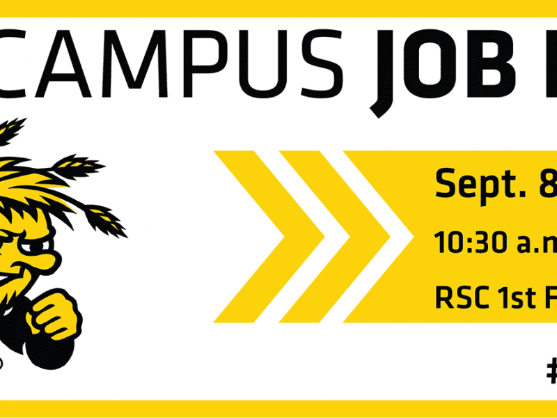 Wichita State On-Campus Job Fair September 8, 2022 10:30 a.m. - 12:30 p.m. RSC 1st Floor. This is an email banner with Wu graphic on the left side and the text on the right.