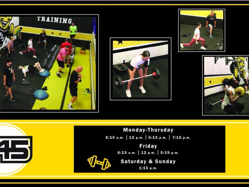 Image of a layout of students doing F45 workouts and text F45 Monday-Thursday 6:15 a.m., 12:00 p.m., 5:15 p.m., 7:15 p.m. Friday 6:15 a.m., 12:00 p.m., 5:15 p.m. Saturday and Sunday 1:15 p.m.