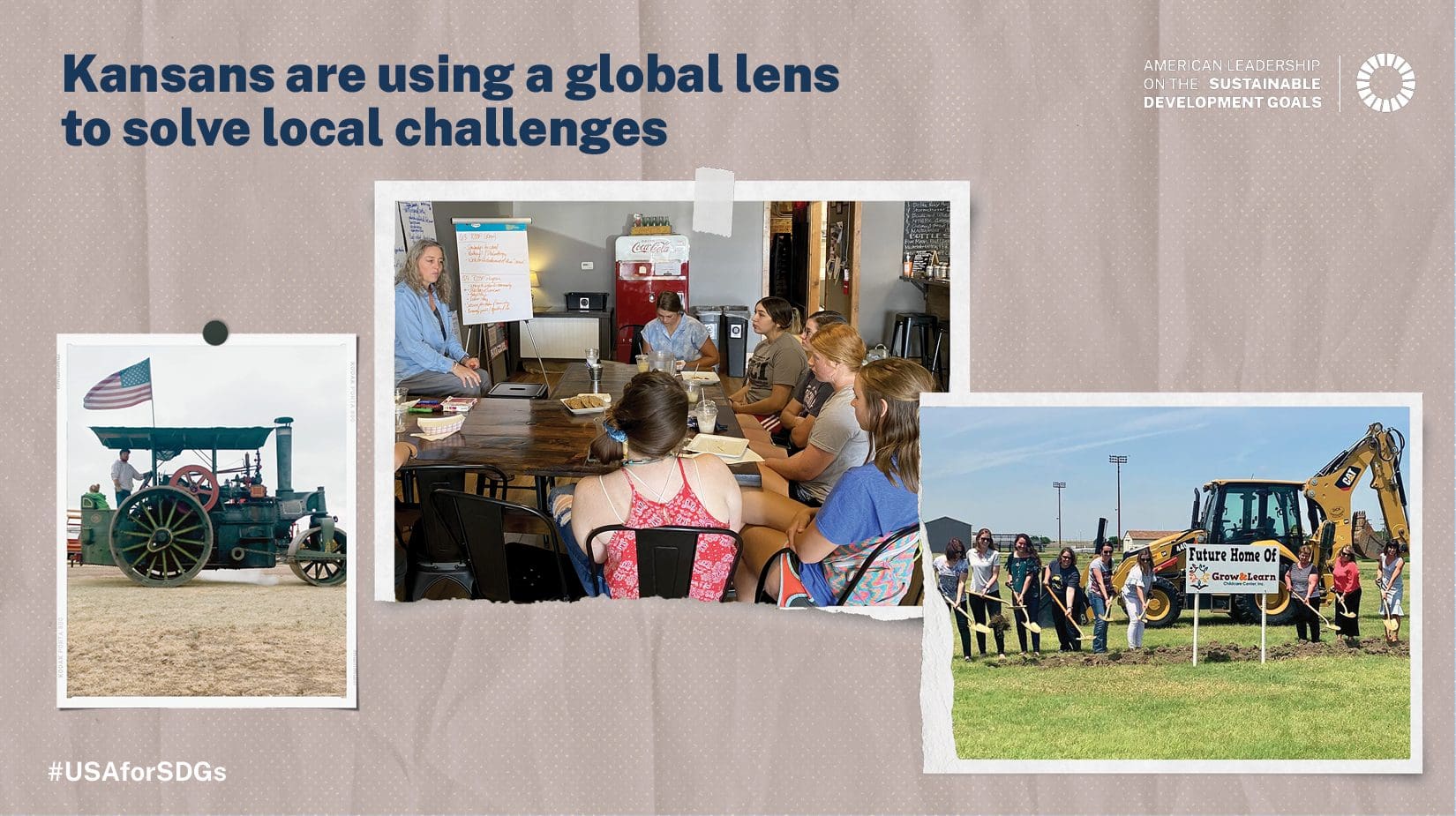 Three images laid out featuring a conductor on the front of a train, six students gathered around a table listening to an instructor, CEI members peforming a ground breaking in front of a tractor and textKansans are using a global lens to solve local challenges #USAforSDGs
