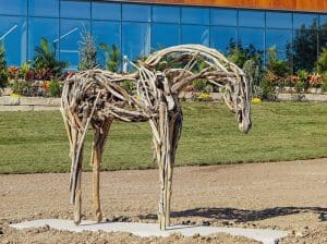 Image of wooden horse statue outside.