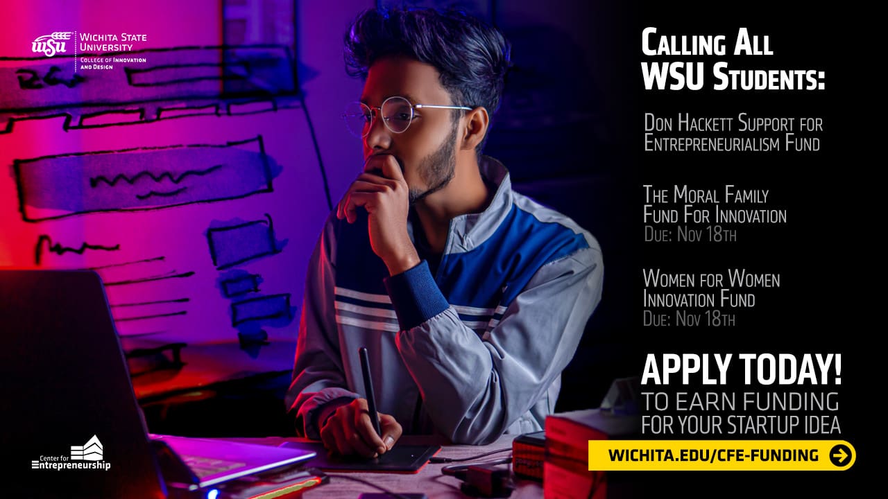 "Helping WSU Students move their innovative ideas forward. Earn seed money for your idea. Moral Family Fund for Innovation Award. Apply Today! wichita.edu/moral-fund. Applications Due: Nov 18" Four people sit around table leaning forward to look at something being shown on a phone.