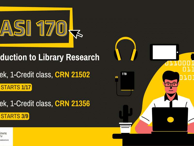 LASI 170 Introduction to Library Research 8-Week, 1-Credit class, CRN 21502 Class Starts 1/17 8-Week, 1-Credit class, CRN 21356 Class Starts 3/9