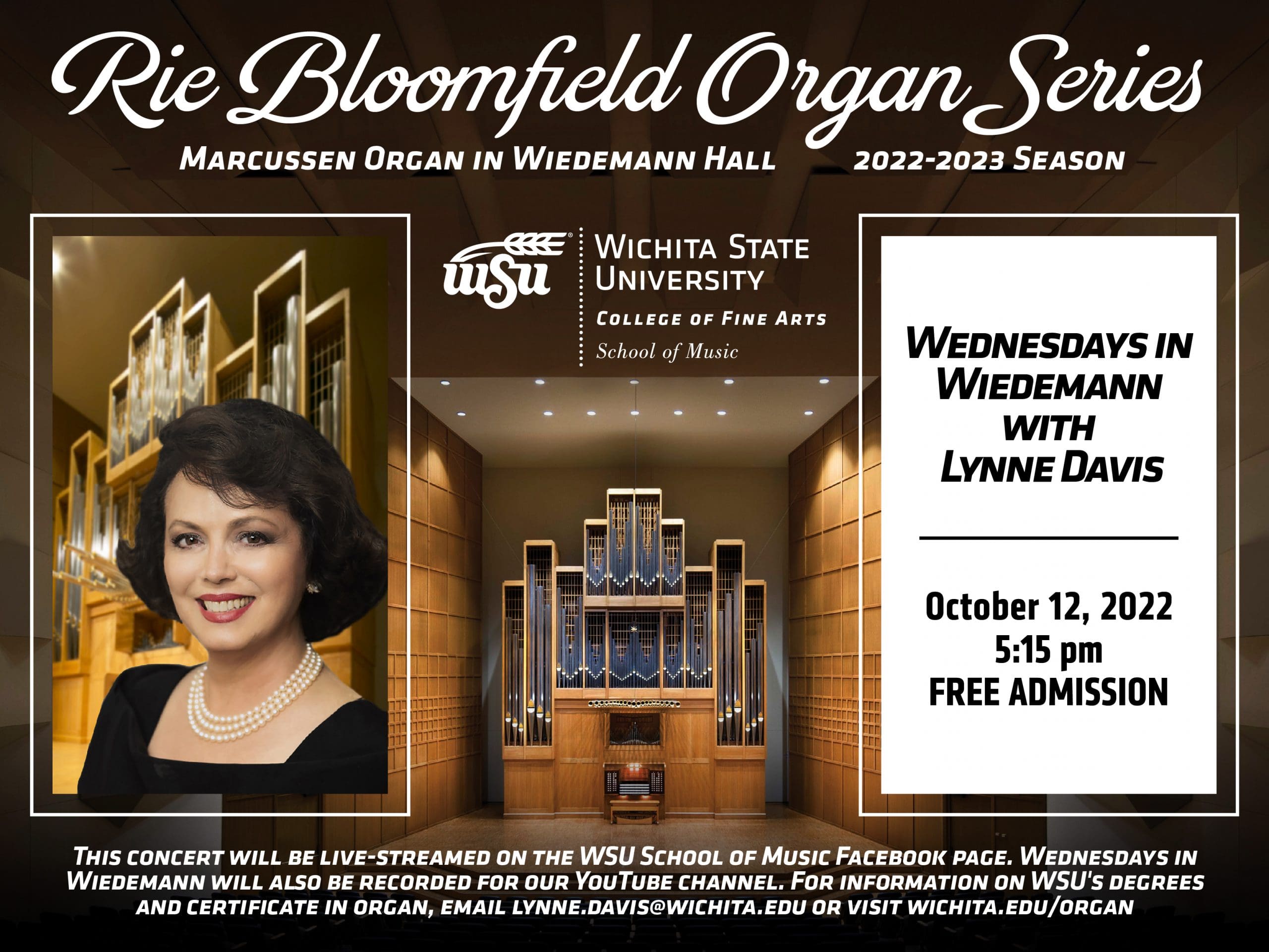 Rie Bloomfield Organ Series 22-23 season. Marcussen organ in Wiedemann Hall. Distinguished guest artists Clive Driskill-Smith, November 8, Organ and Orchestra and November 28, Alcee Chriss on April 18. Wednesdays in Wiedemann with Lynne Davis on October 12, Feb. 1 March 8 May 3. Free Admission.