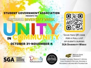 Student Government Association presents the 2nd annual Diversity Week: Unity in Community | October 31 - November 4 | Scan this QR code for a full list of events during SGA Diversity Week!
