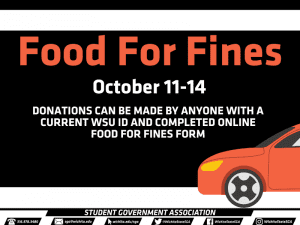 Food For Fines, October 11-14, Donations can be made by anyone with a current WSU ID and completed online Food for Fines form