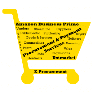 yellow shopping cart with the words inside the cart: Amazon Business Prime, Vendors, Streamline, Suppliers,, Public Sector, Purchasing, Buyers, Success, Goods & Services, Software, Commodities, Sourcing, Pcard, Value, Bids, Requisitions, Contracts, Unimarket, E-Procurement, Procurement Payment Services
