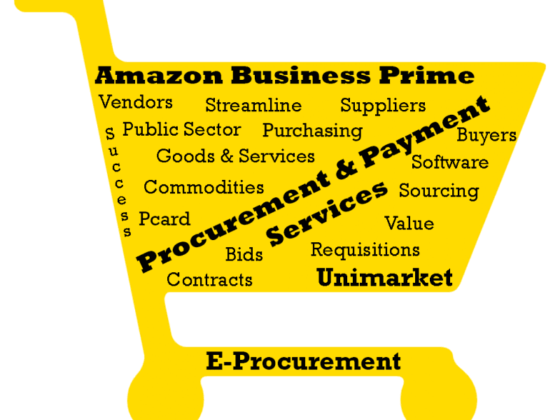 yellow shopping cart with the words inside the cart: Amazon Business Prime, Vendors, Streamline, Suppliers,, Public Sector, Purchasing, Buyers, Success, Goods & Services, Software, Commodities, Sourcing, Pcard, Value, Bids, Requisitions, Contracts, Unimarket, E-Procurement, Procurement Payment Services
