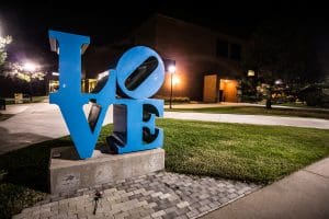Image of Love Statue located on WSU's main campus at night.
