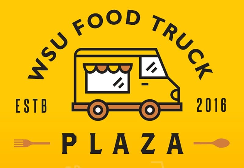 Graphic of a yellow food truck with the text, "WSU Food Truck Plaza. Established 2016."
