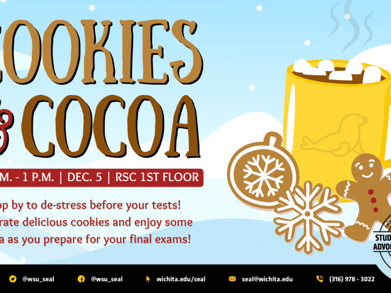Stop by to de-stress before your tests! Decorate delicious cookies and enjoy some cocoa as you prepare for your final exams! 11 A.M.- 1 P.M. Dec. 5 RSC 1st Floor