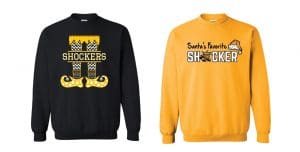 Yellow Crewneck Sweatshirt with Santa's Favorite SHOCKER written on two lines... there is also a Santa Hat above the R of Shocker and wu as the O in Shocker. Black crewneck sweatshirt with SHOCKERS written on top for elf legs that have yellow black and white designs on them