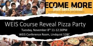 Two pictures of students in classrooms, pizza, and the department advertising line, Become More Intersectional.