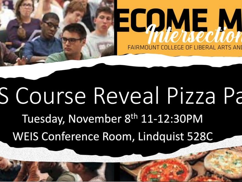 Two pictures of students in classrooms, pizza, and the department advertising line, Become More Intersectional.