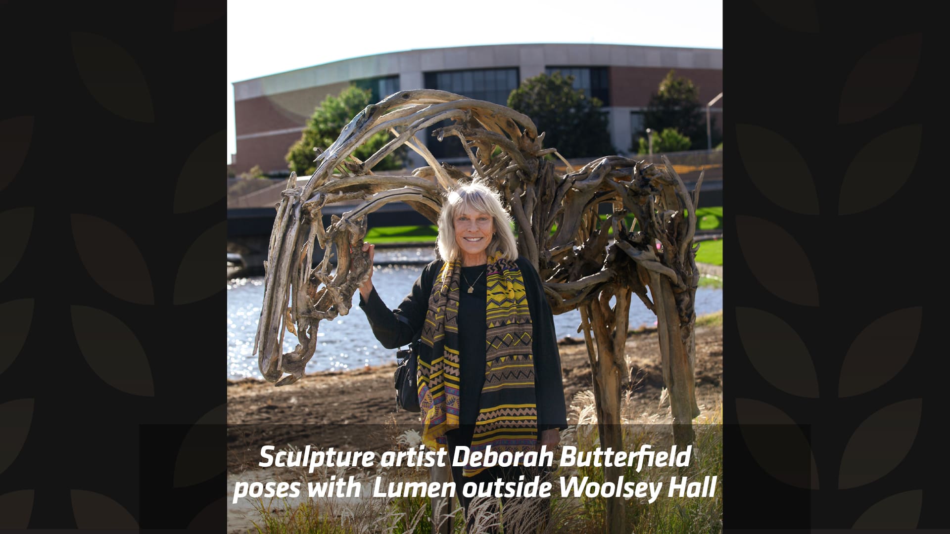 Sculpture artist Deborah Butterfield poses with Lumen outside Woolsey Hall