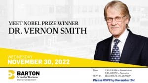 Meet Nobel Prize Winner Dr. Vernon Smith on Wednesday, November 30, 2022 at the Barton School of Business at Wichita State University. Times: Presentation from 2:30 to 3:30 PM. Reception from 3:30 to 4:00 PM. RSVP at https://iseg.wichita.edu/rsvp. Please RSVP by November 24.