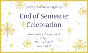 Society of Women Engineers End of Semester Celebration. Wednesday, December 7. 6-7 PM. Partnership 2 Room A131. Gold snowflakes on a white background with purple text.