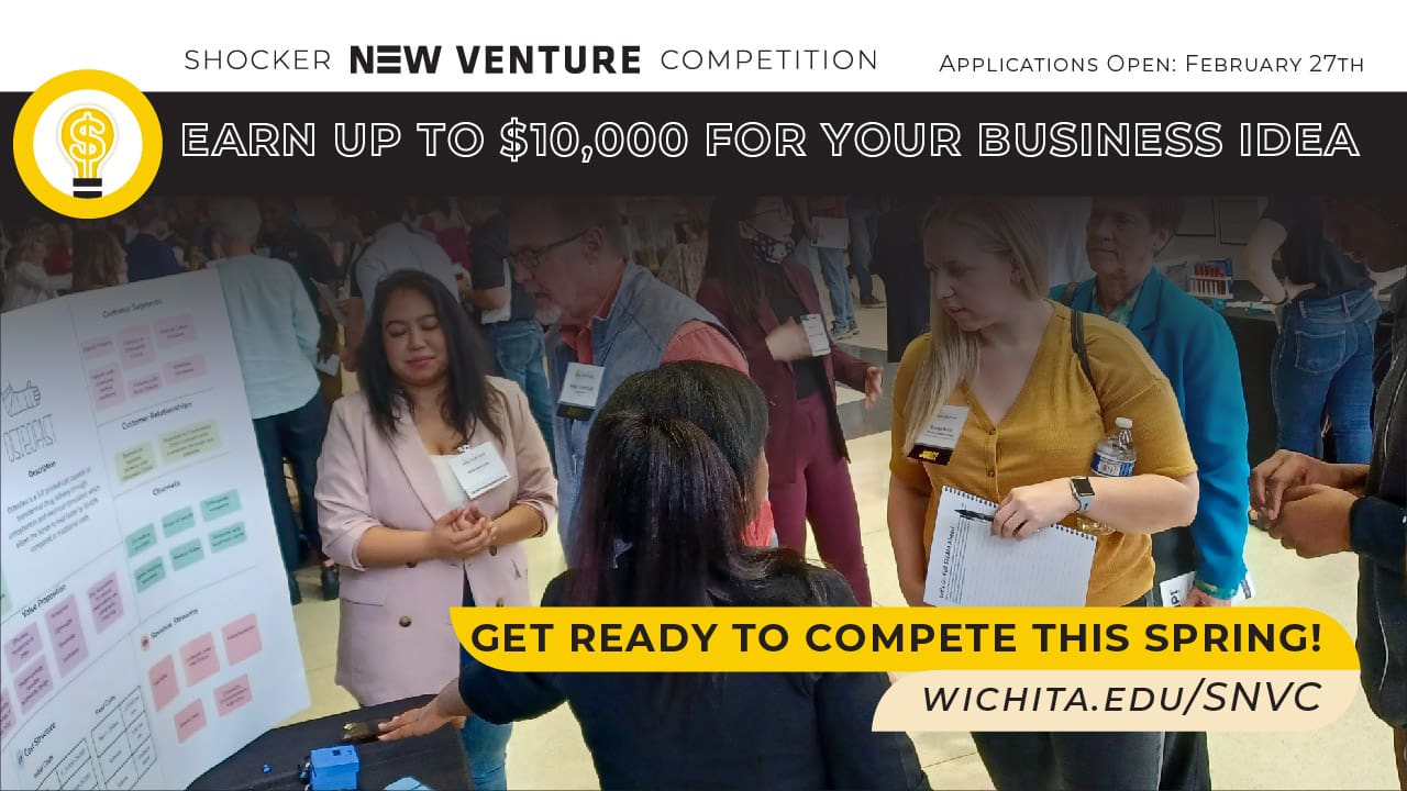 People meandering between competitor booths at the SNVC Trade Show. "Shocker New Venture Competition. Applications Open: February 27th. Earn up to $10,000 for your business idea. Get ready to compete this spring!"