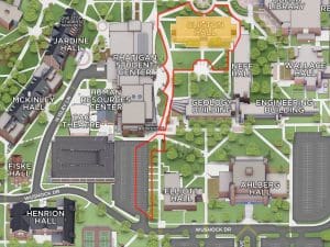 Map showing construction fence around Clinton Hall