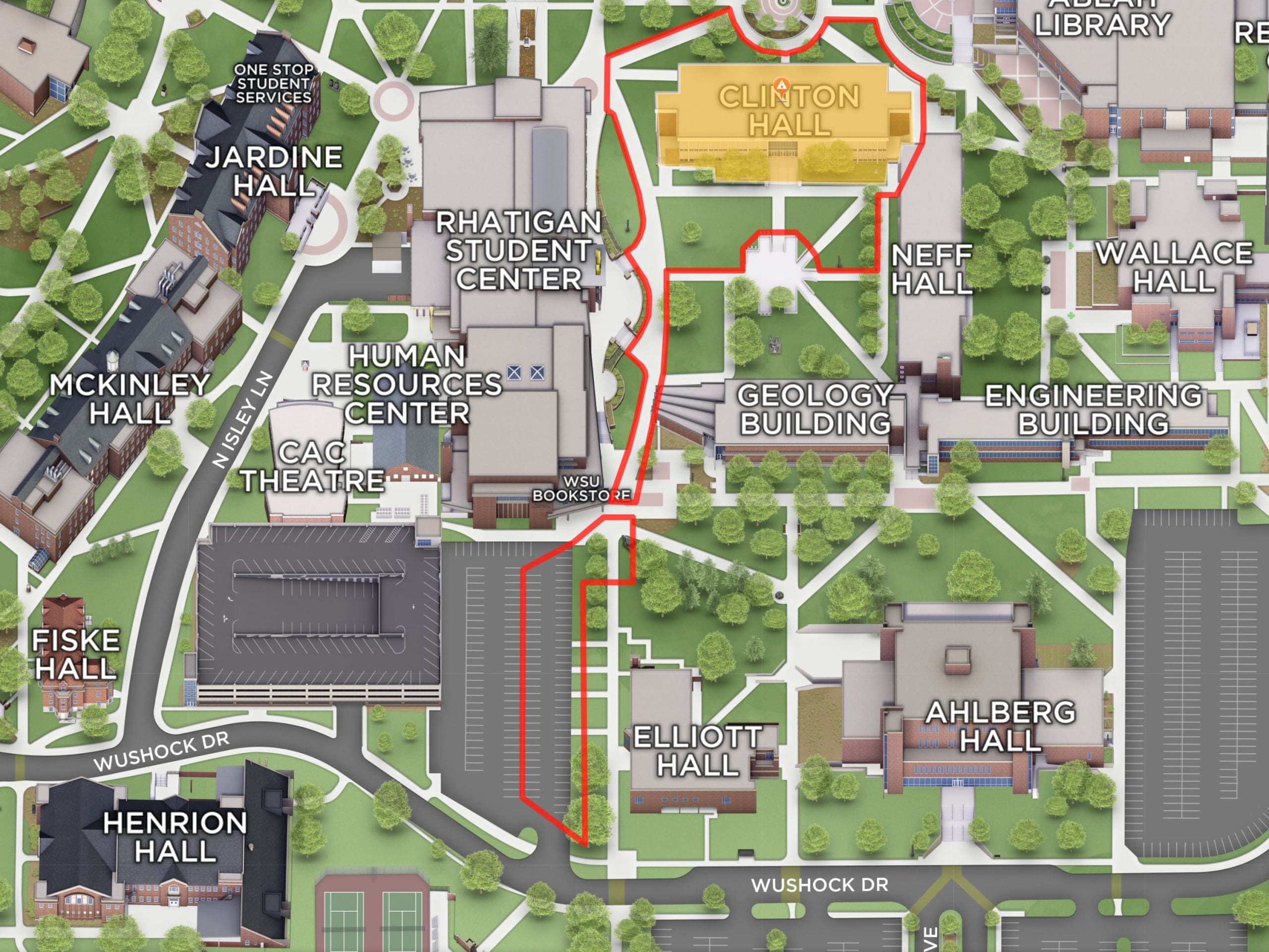 Map showing construction fence around Clinton Hall