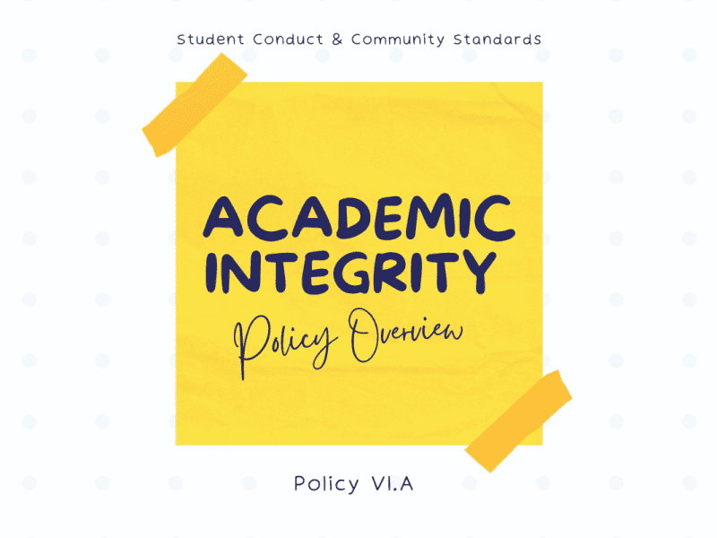 Yellow sticky note on white background with the text, "Student Conduct and Community Standards. Academic Integrity Policy Overview. Policy VI.A"