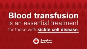 A graphic with the text, "blood transfusion is an essential treatment for those with sickle cell disease" and the American Red Cross logo.