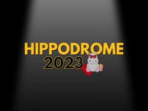 Graphic of a hippo in a superhero costume with the text "Hippodrome 2023.: