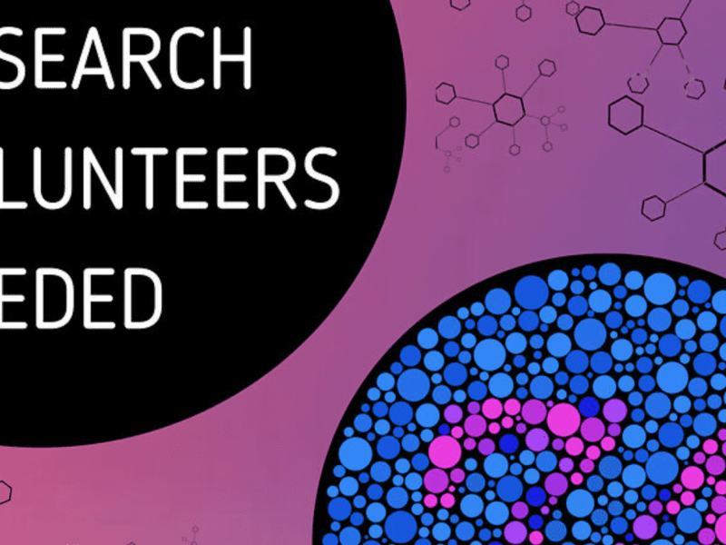 Decorative graphic that says "Research volunteers needed."