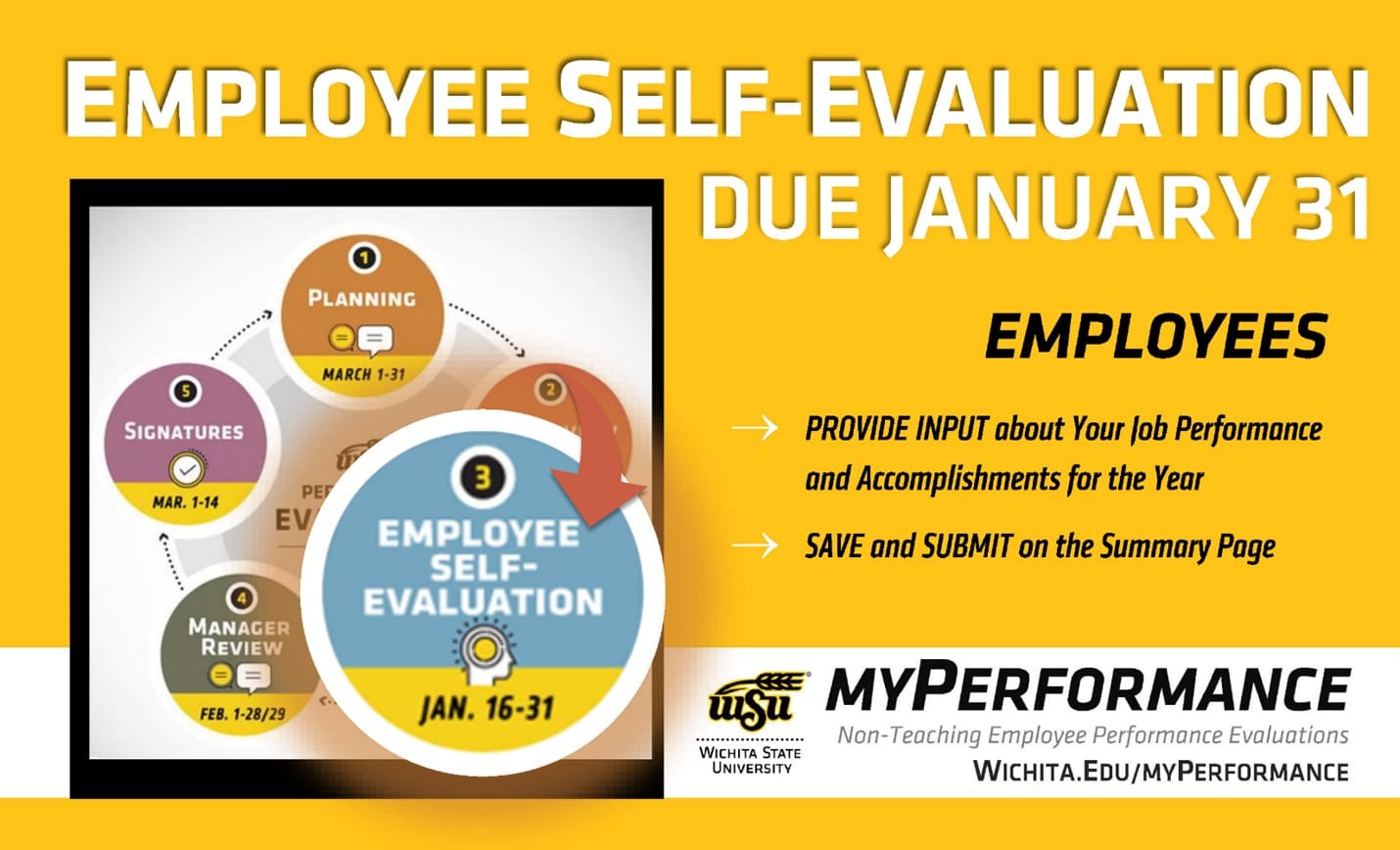 Graphic of myPerformance evaluation cycle emphasizing the Self-Evalution step. Employee Self-Evaluation due Jan. 31. Provide input about your job perfomance and accomplishments for the year. Save and submit on the summary page. wichita.edu/myperformance