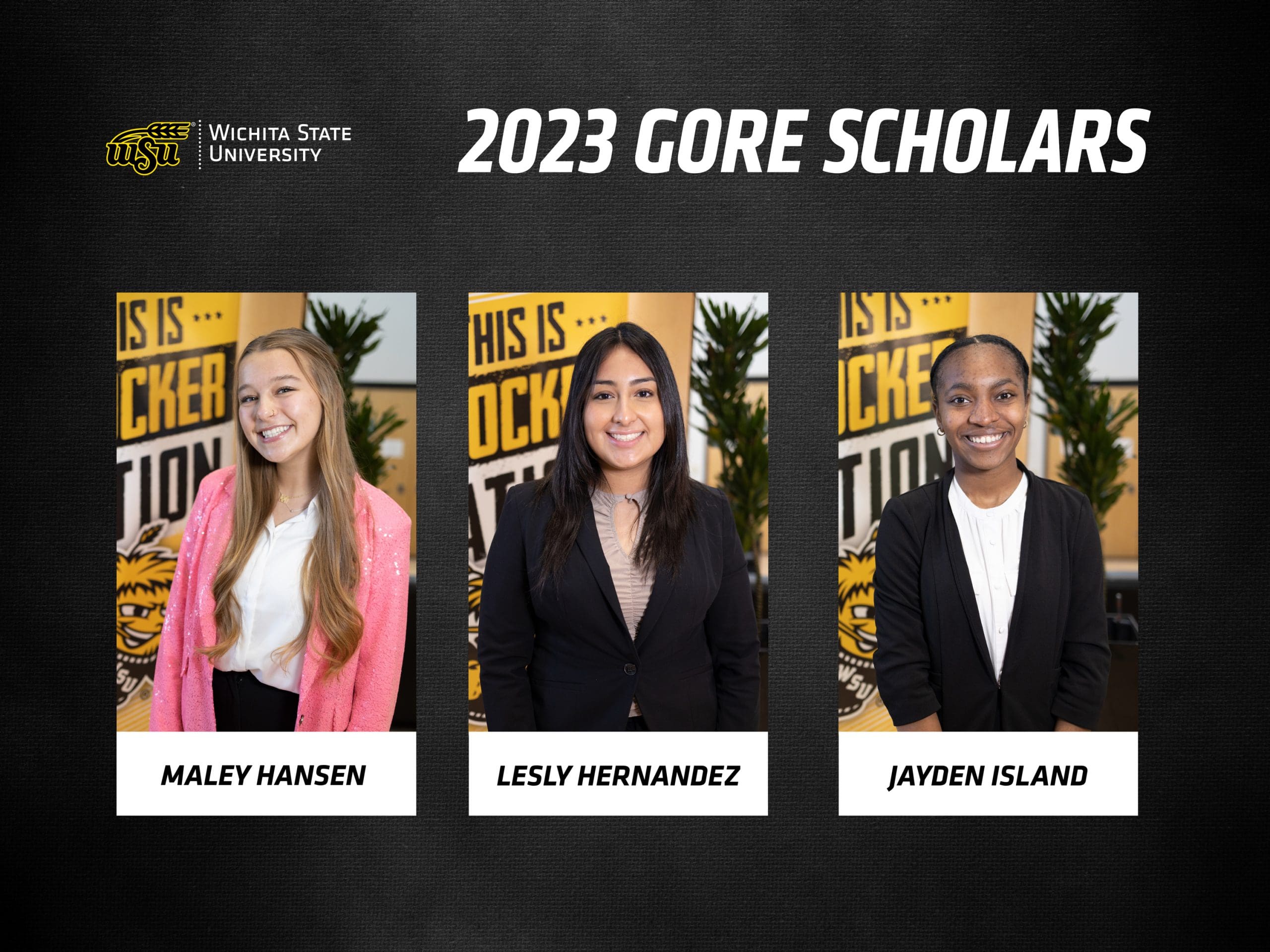 Photos of the recipients of the 2023 Harry Gore Memorial Scholarship, Maley Hansen, Lesly Hernandez and Jayden Island.