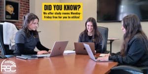 Photo of three students studying in a room in the Rhatigan Student Center with the text: "Did you know? We offer study rooms Monday-Friday free for you to utilize!"