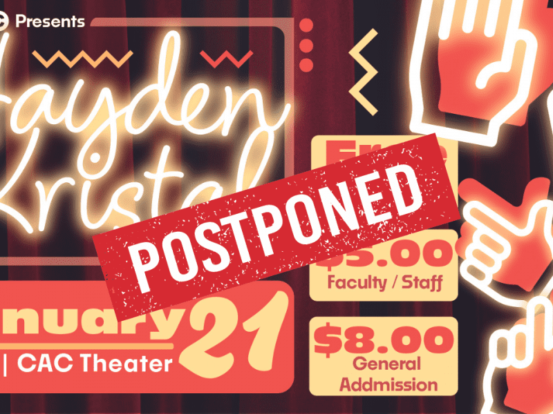 A photo of the Hayden Kristal event graphic with "Postponed" taped over
