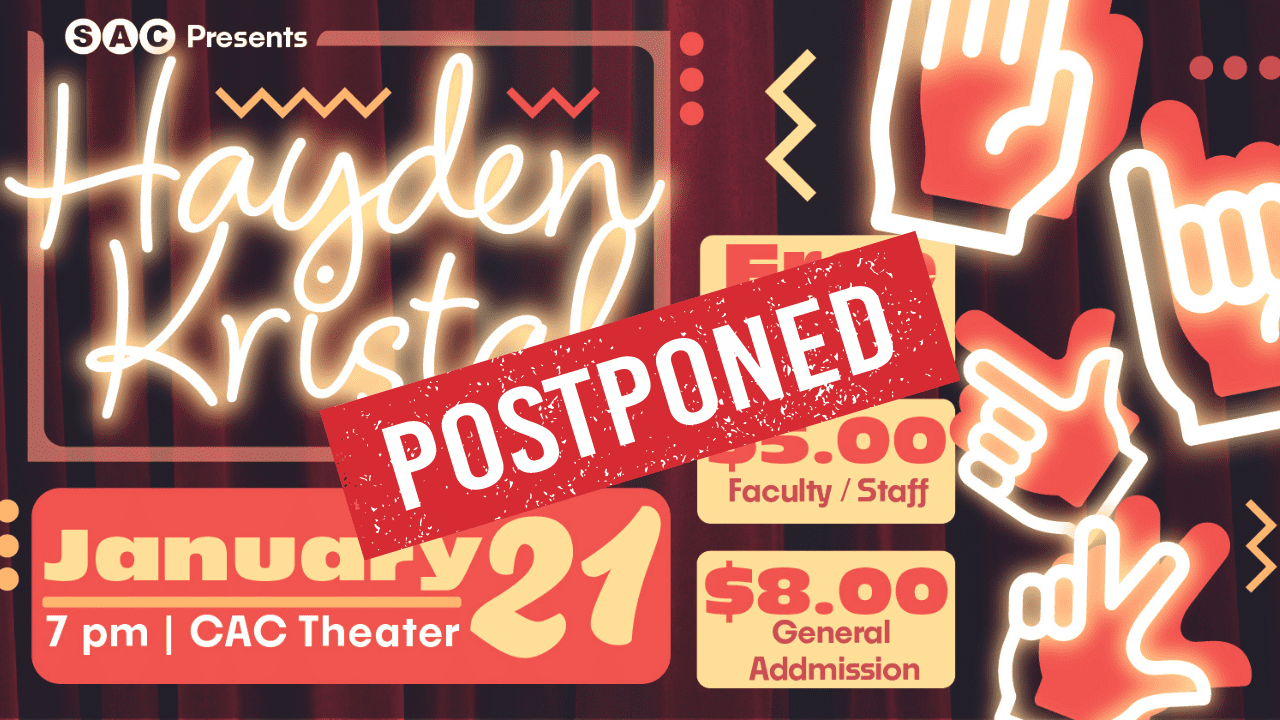 A photo of the Hayden Kristal event graphic with "Postponed" taped over
