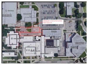 Photo showing the location of the sidewalk closure between Beggs Hall and Ablah Library.