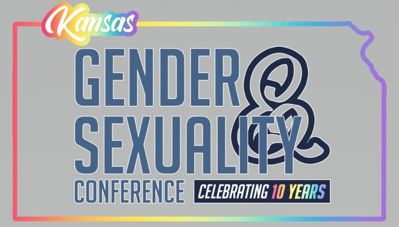 Graphic of an outline of Kansas in rainbow colors with the words "Kansas Gender & Sexuality Conference. Celebrating 10 years."