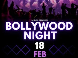 Graphic with the text, "Bollywood Night, Feb. 18."
