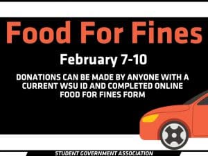 Food For Fines, February 7-10, Donations can be made by anyone with a current WSU ID and completed online Food for Fines form