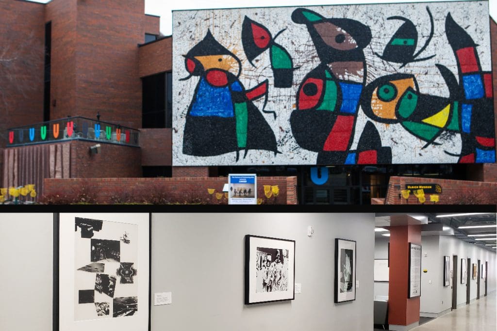 Photos of the Ulrich Museum and some of the artwork available to loan across campus.
