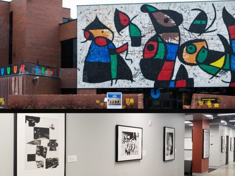 Photos of the Ulrich Museum and some of the artwork available to loan across campus.