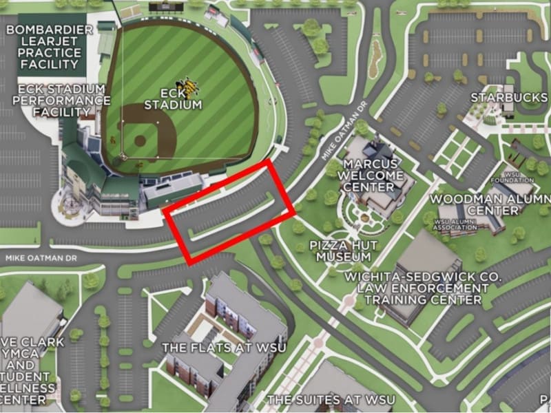 Image from the campus interactive map showing the section of lot 19E, at Eck Stadium near the intersection of Mike Oatman Dr. and Innovation Blvd. that will be closed.
