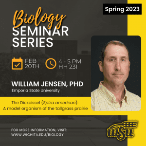 Digital flyer for Dr. William Jensen’s seminar talk on February 20th. Flyer includes a photo of Dr. Jensen facing the camera. The background is an opaque photo of Hubbard Hall, with the talk details overlaid. Seminar is meeting in Hubbard Hall 231 and will be held from 4 to 5pm.