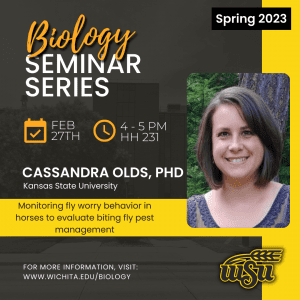 Digital flyer for Dr. Cassandra Olds’ seminar talk on February 27th. Flyer includes a photo of Dr. Olds smiling at the camera. The background is an opaque photo of Hubbard Hall, with the talk details overlaid. Seminar is meeting in Hubbard Hall 231 and will be held from 4 to 5pm.
