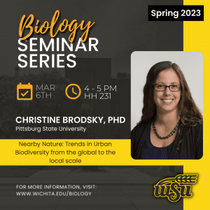 Digital flyer for Dr. Christine Brodsky’s seminar talk on March 6th. Flyer includes a photo of Dr. Brodsky facing the camera. The background is an opaque photo of Hubbard Hall, with the talk details overlaid. Seminar is meeting in Hubbard Hall 231 and will be held from 4 to 5pm.