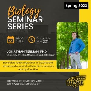 Digital flyer for Dr. Terman’s seminar talk on April 3rd. Flyer includes a photo of Dr. Terman outdoors near trees, smiling at the camera. The background is an opaque photo of Hubbard Hall, with the talk details overlaid. Seminar is meeting in Hubbard Hall 231 and will be held from 4 to 5pm.