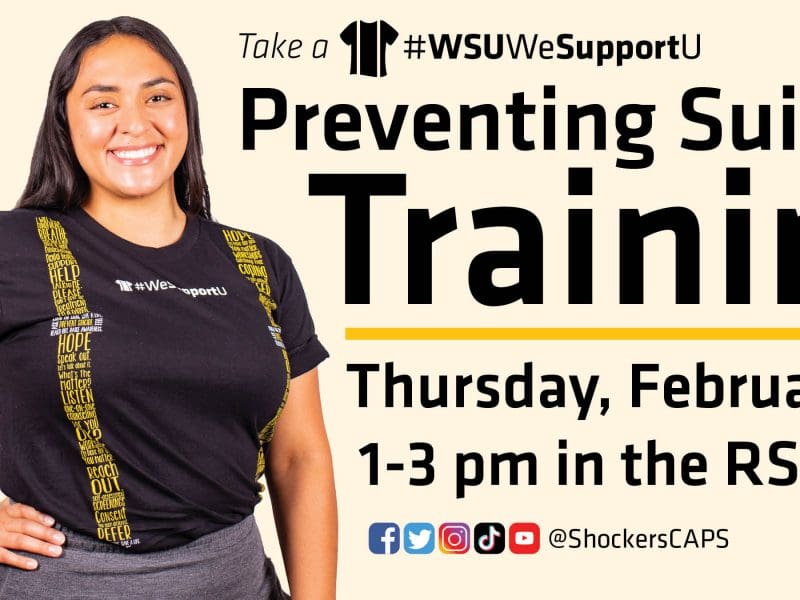 A photo of a woman with the Suspenders4Hope shirt with the text, "Take a #WSUWeSupportU Preventing Suicide Training at 1-3 p.m. Thursday, Feb. 16 in 256 Rhatigan Student Center."