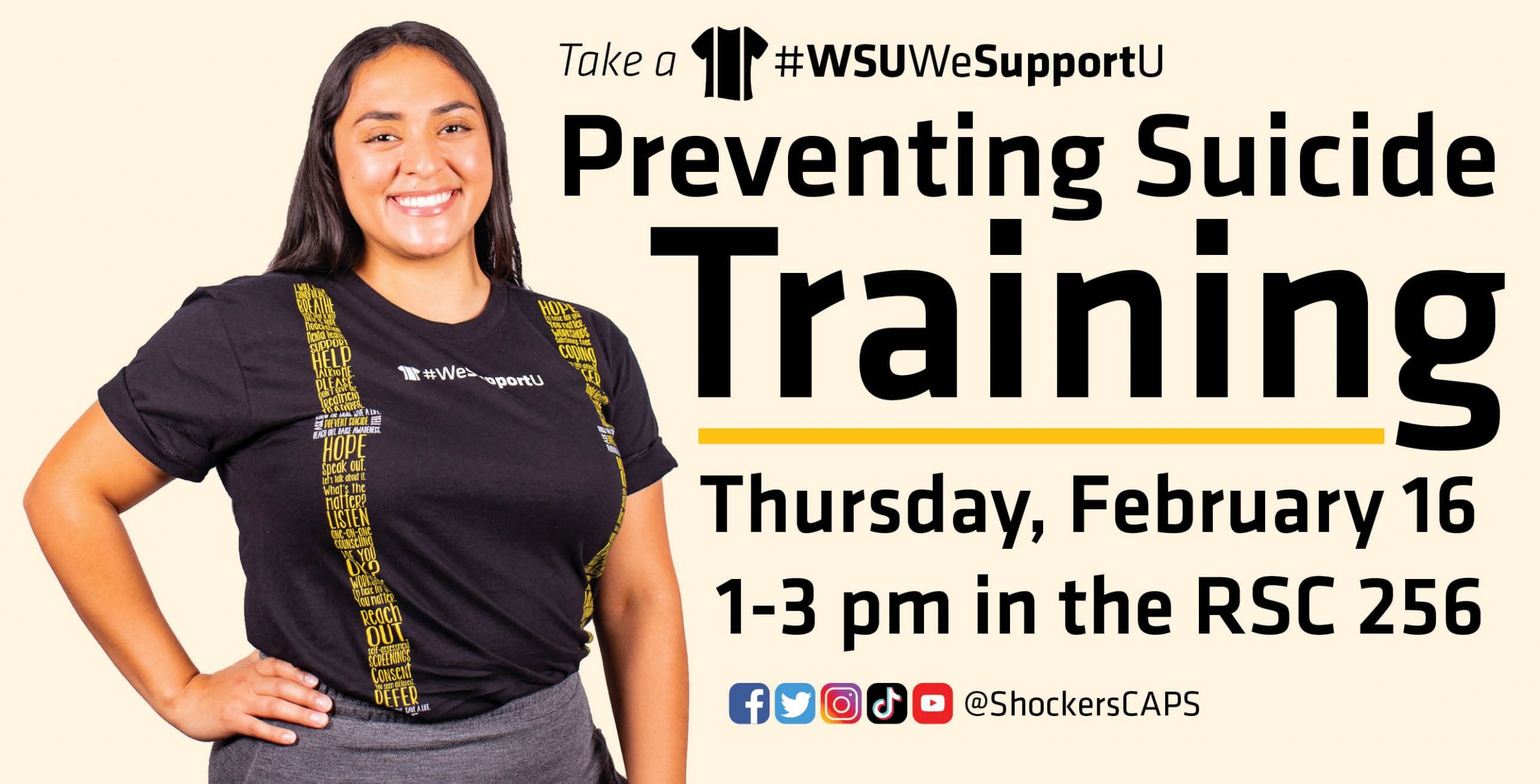 A photo of a woman with the Suspenders4Hope shirt with the text, "Take a #WSUWeSupportU Preventing Suicide Training at 1-3 p.m. Thursday, Feb. 16 in 256 Rhatigan Student Center."