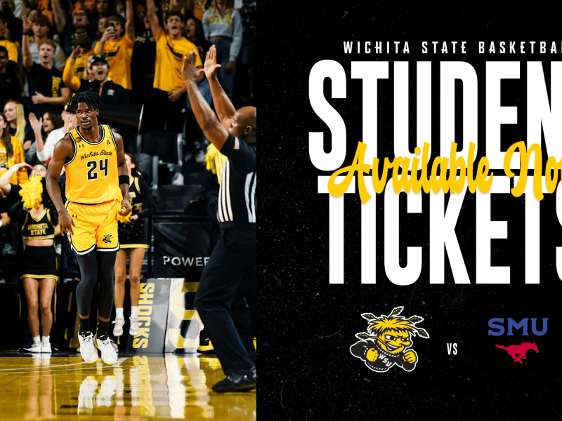 Photo of Isaac Abidde from the men's basketball team with the text "Wichita State Basketball Student Tickets Available Now; Shockers vs SMU"