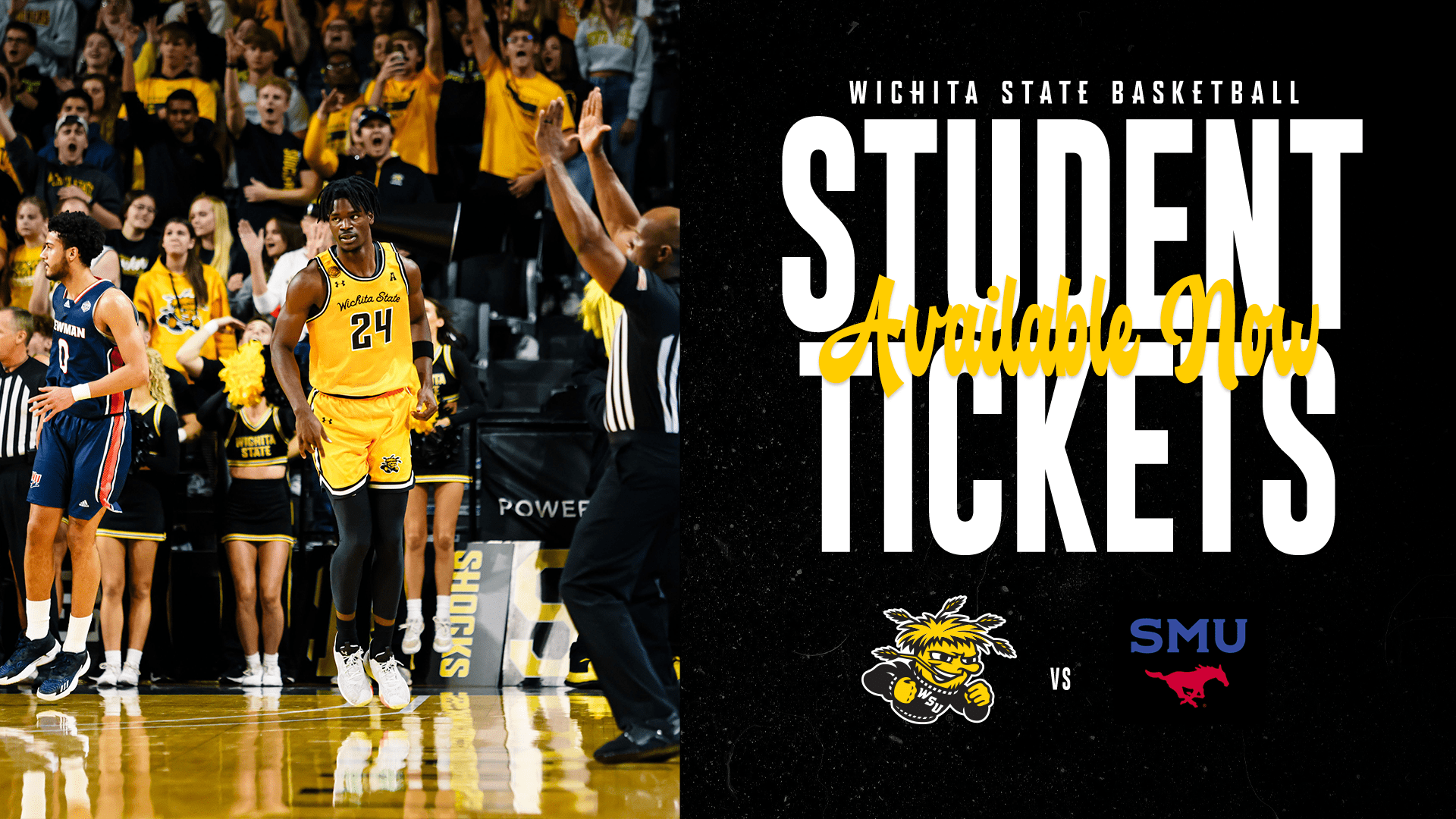 Photo of Isaac Abidde from the men's basketball team with the text "Wichita State Basketball Student Tickets Available Now; Shockers vs SMU"