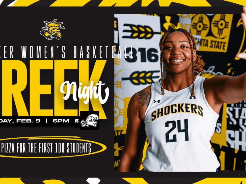 Photo of Trajata Colbert of women's basketball with the text, "Shocker women's basketball Greek night at 6 p.m. Thursday, Feb. 9 versus Tulane. Free pizza for the first 100 students."
