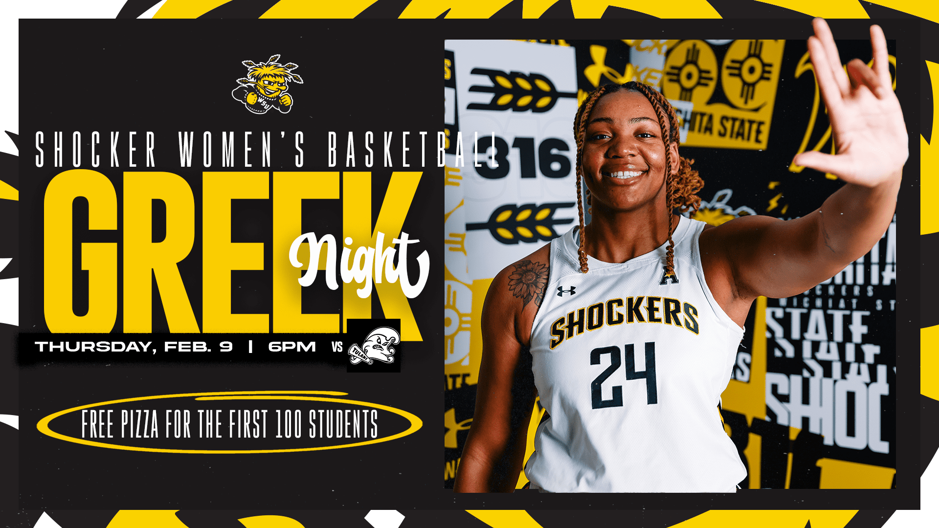 Photo of Trajata Colbert of women's basketball with the text, "Shocker women's basketball Greek night at 6 p.m. Thursday, Feb. 9 versus Tulane. Free pizza for the first 100 students."